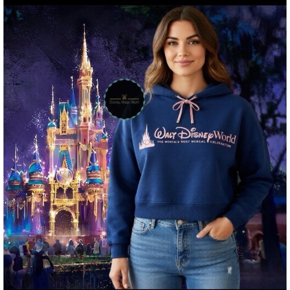 Disney World 50th Anniversary Hoodie Navy‎ Castle Rose Gold SZ XL